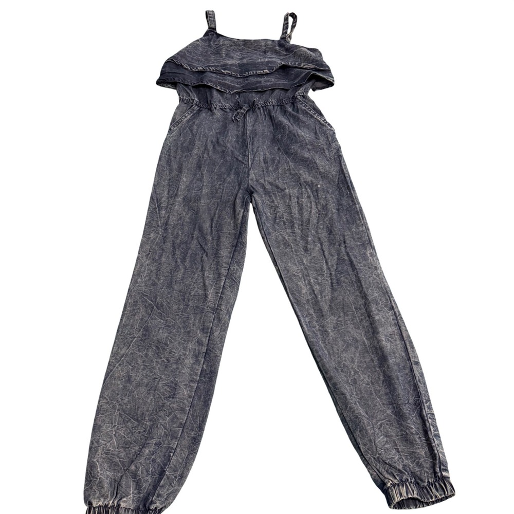 Girls 14/16 Blue Acid Wash Ruffle Jumpsuit Jogger‎ Denim Style Sleeveless Pocket